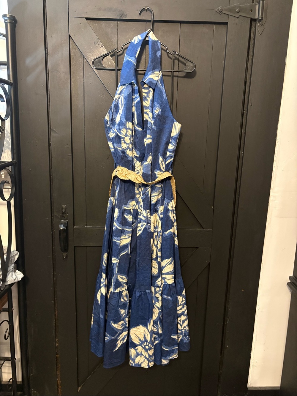 Donna Karan Blue and Cream Floral Halter Maxi Dress with Braided Belt
